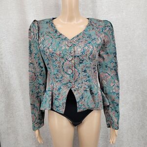 Louisa Nevins Vintage Tapestry Jacquard Floral Peplum Blazer Puffed Sleeve